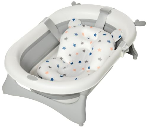 HOMCOM Foldable Baby Bathtub Set Non-Slip Support for Newborn Offwhite | Collapsible Bath Tub, Thermostatic Water Plug, Cushion Pad, Drain Plugs, Newborn to 3 Years