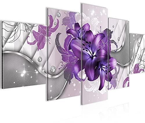 Runa Art - Tableau Lys De Fleurs 200 x 100 cm 5 parties XXL Decoration Murale Dessin Violet 016551c