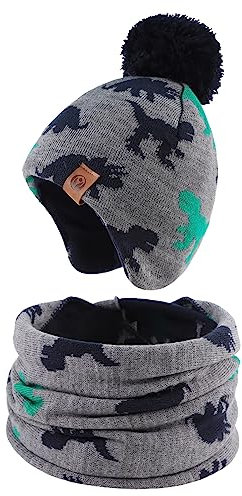 XIAOHAWANG Baby Strickmütze Winter Babymütze Junge Warme Kindermütze Junge Beanie Mütze Dicke Wintermütze für Herbst,Winter(Grau Dinosaurier(Hut+Schal), 9-24Monate)