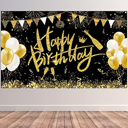 Happy Birthday Banner, Schwarz Gold Geburtstag Party Dekoration,Extra Großes Hintergrund Geburtstag Deko-180 * 110cm,Happy Birthday Geburtstagsbanner Poster für Mann Frau