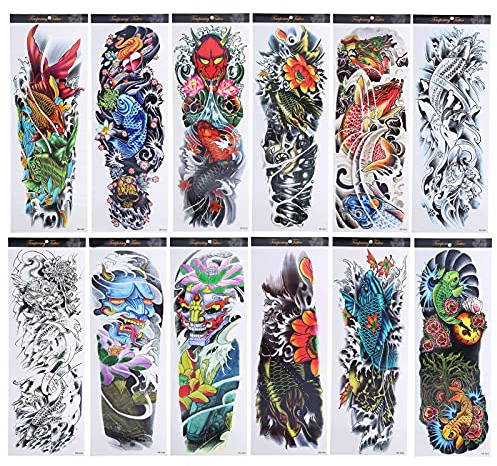 Tatouages ​​​​temporaires 12 Feuilles Coloré Bras Complet Faux Tatouages ​​autocollant de Tatouage Temporaire étanche pour Hommes Femmes (170 X 480 Mm)