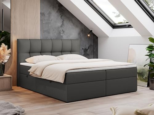 MKS MEBLE Boxspringbett 160x200 mit Bettkasten, Bett mit Multipocket - Matratze H3 Topper, Polsterbett 160x200 mit Bettkasten Kopfteil, Boxspringbett mit Matratze H3, RICO - Dunkelgrau Kunstleder