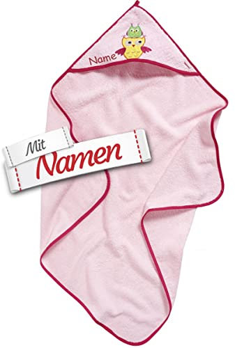 Mädchen Eule Kapuzenhandtuch mit Namen bestickt für Baby & Kinder, Frottee Badetuch Badehandtuch/Kinder-Badetuch mit Kapuze personalisiert