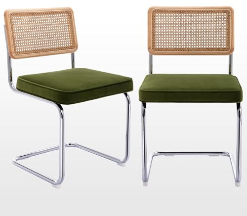 Zesthouse Natural Rattan Dining Chairs Set of 2, Olive Green Modern Kitchen Chairs with Solid Wood Back & Chrome Base, Mid Century Breuer Design Inspired, Upholstered Velvet Fabric