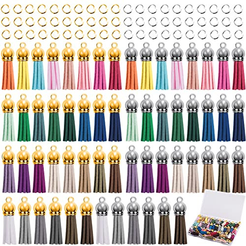 Duufin 120 Stück Quasten Anhänger und Biegeringen Kit mit 60 Stück Quasten Anhänger Leder 60 Stück Biegeringen für DIY Schlüsselbund Taschen Armband, 30 Farben(Gold/Silber Kappe)