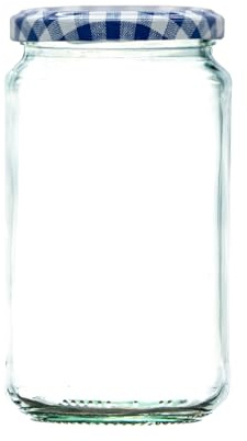 Wares of Knutsford 1lb / 370ml Airtight Glass Jam Jars with Coloured Twist Lids | Preserving Jars for Jam, Honey, Chutney & Marmalade | Dishwasher Safe (Blue Gingham Lids, 200)