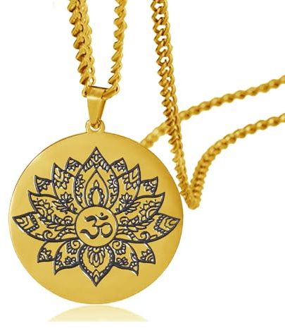 SIPURIS Lotusblume Halskette für Männer Frauen Om Ohm Symbol Yoga Buddhistischer Anhänger Edelstahl Vintage Mandala Anhänger Halskette Spirituelles Schmuck Geschenk Kein Edelstein (Lotus/Gold2)