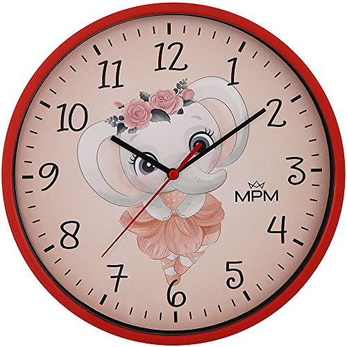 MPM Quality Design Kinder Wanduhr aus Kunststoff, Made in EU, Rot/Rosé, Motiv Elefant, Quarz-Uhrwerk, Moderne Wanddeko, Runde Kinder Uhr, ∅ 250 x 20 mm, für Kinderzimmer, Kindergarten, die Schule