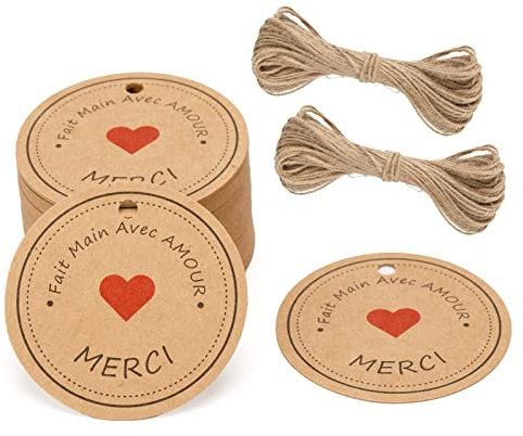 G2PLUS 100Stk. Kraftpapier Etiketten Tags 5CM MERCI Geschenkanhänger Anhänger Etiketten mit Jute-Schnur