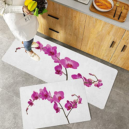 Küchenteppich Teppich Läufer Küchenläufer 2 Stück,Magenta Wilde Orchideen Blütenblätter Zweig Romantische Blume Exotische Pflanze Natur Druck Viol,Rutschfest waschbar für Flur Küche 40x60 cm+40x120 cm