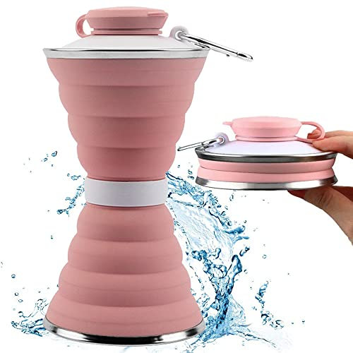 COMBLU Botella de agua plegable de silicona, botella de agua plegable, taza de camping con mosquetón, reutilizable, plegable, de silicona, a prueba de fugas, botellas de agua portátiles de viaje para