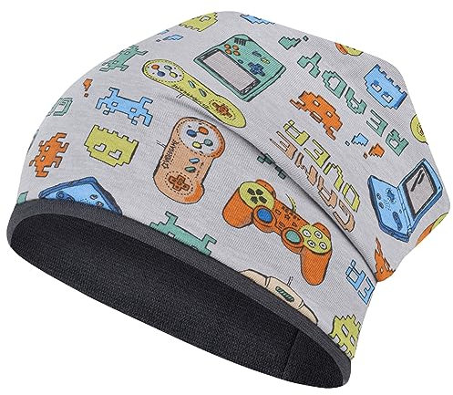 Smarilla Mütze Junge Herbst Übergang Stoffmütze Beanie Kindermütze Allover-Print, Größe: 54-56, Farbe: Grau-Game