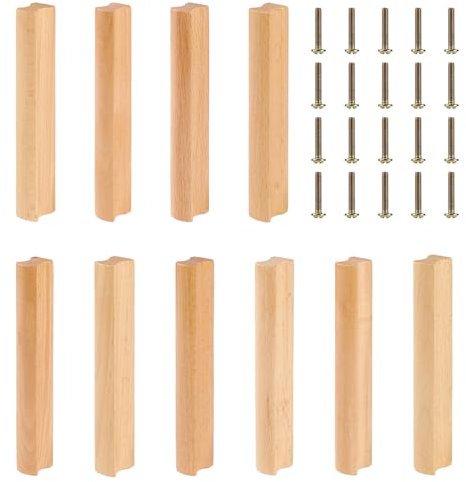 SWAWIS 10 Piezas Tiradores de Madera 128mm, Pomos de Madera para Muebles con Tornillo, Haya Tirador de Cajón para Puertas, Tiradores de Cajones, para Armarios Cajones Muebles Cocinas
