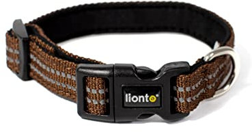 lionto Hundehalsband aus strapazierfähigem Nylon, Größe XS, weiches gepolstertes Halsband für Hunde, 360° reflektierend & Klickverschluss, Metallring & Anpassung durch stufenlosen Schieber, braun
