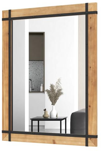 GOPLUS Wandspiegel, dekorativer Spiegel mit Holzrahmen, rechteckiger Spiegel, Hängespiegel für Wohnzimmer, Bad & Flur, Natur (77 x 100 cm)