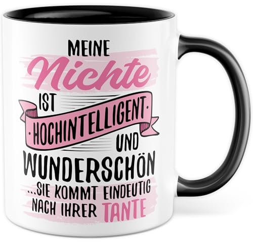 Nichte Tasse mit Spruch lustig - Geschenk Meine Nichte ist hochintelligent und wunderschön ...sie kommt nach Ihrer Tante - Kaffeetasse 330ml aus Keramik - Familie Patentante Tante