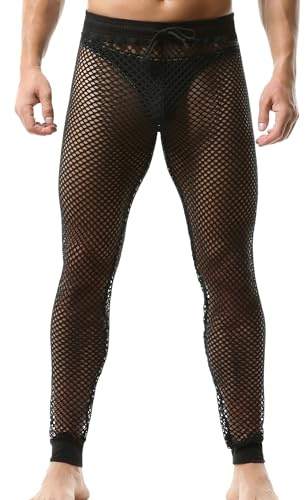 AIEOE Herren Fischnetz Hose Transparent Muskel Fischnetzhose Netz Leggings mit Kordelzug Durchsichtig Lang Jogginghose Atmungsaktiv