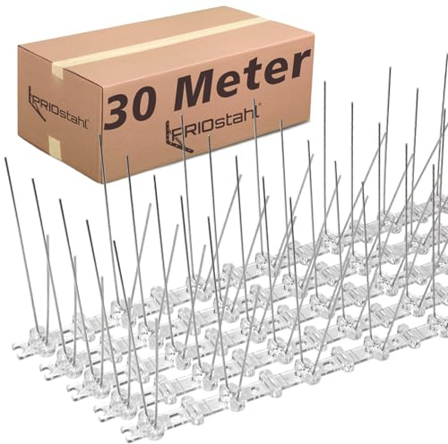 PRIOstahl Taubenabwehr Taubenspikes Vogelabwehr mit Kunststoffgrundplatte 2-reihig 30 Meter (60 x 0,50cm Spikes) Vogelschutz Abwehr für Balkon Dach Fenster UV-Beständig & rostfrei Edelstahl V2A