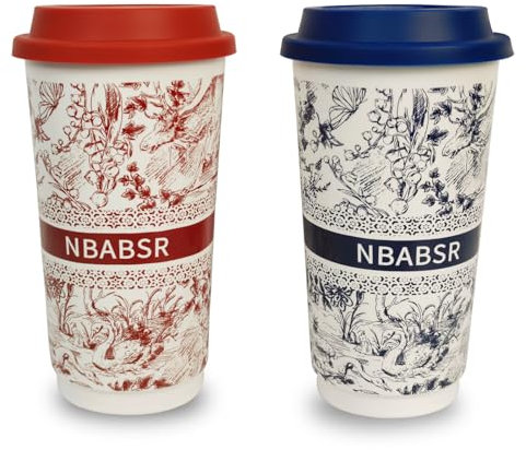 NBABSR Keramik-Kaffeetassen mit Deckel, große Keramik-Reise-Trommelbecher, To Go Becher, Auto, tragbar, wiederverwendbar, Isolierung, Campingbecher, Geschenk, Blau und Rot, 590 ml