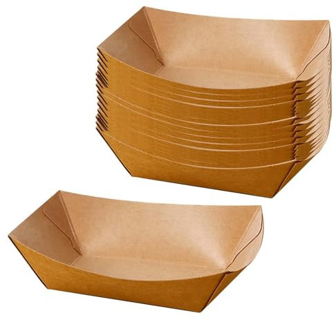 harayaa 100x bandejas de papel Kraft para comida, botes para servir comida, botes de papel resistentes, bandeja desechable para servir aperitivos, bodas, 12.5 cm x 8.3 cm x 3.6 cm