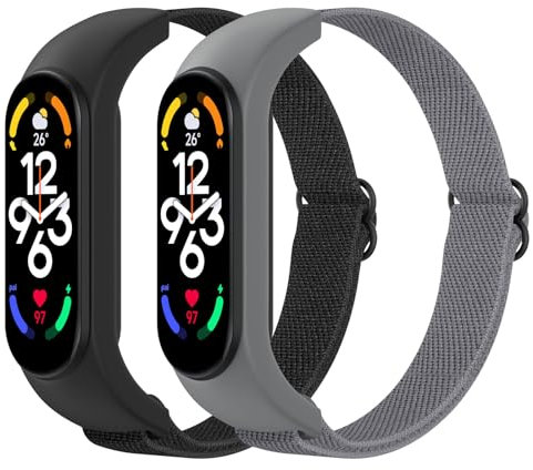 Astorgos 2 Stück Elastisches Nylon Armband Kompatibel mit Xiaomi Mi Band 7/6/5 für Damen Herren, Elastisches Stoff Ersatzarmband Dehnbares Uhrenarmband Sportarmband, Schwarz+Grau