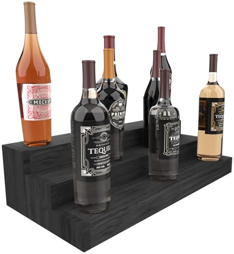 Tongmo Liquor Bottle Stand - 24 Inch 3 Tier Liquor Bar Bottle Display Shelf, Holds 18 Bottles, Real Wood, No Installation Required (Black)