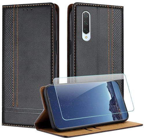 JayModCase Coque pour Xiaomi mi CC9 / mi 9 Lite + Protecteur d'écran, Etui à Rabat Pochette de Portefeuille pour Xiaomi 9 Lite avec [Fermeture Magnétique][Stand Fonction][Porte Cartes] - Noir