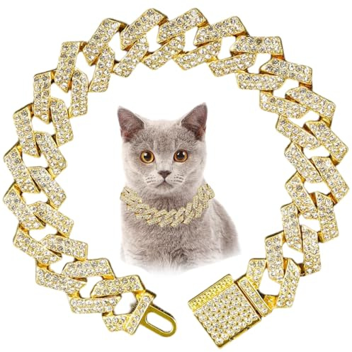 Gold Dog Chain Collar, Bling Diamond Cuban Link Puppy Collars Glitter Rhinestone Cat Collar For Small Medium Large Pet Dogs, 8-Inch