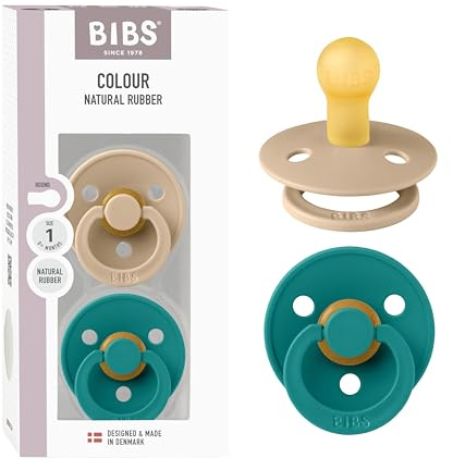 BIBS Colour Dummy, 0-6 Months, 2-Pack, Round Teat, Taupe/Scuba | Natural Rubber Latex | Size 1 | BPA-Free | Made in Denmark | High Teat Acceptance | Airflow Holes | Comfort Shield