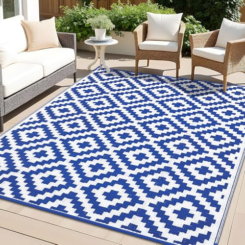 OLANLY Wasserdichter Outdoor-Teppich, 2,7 x 5,5 m, Kunststoff-Strohteppich für Camping, Wohnmobil-Matte, Außenbereich, Outdoor-Teppich für Veranda, Deck, Hinterhof, Balkon, Picknick, Blau und Weiß