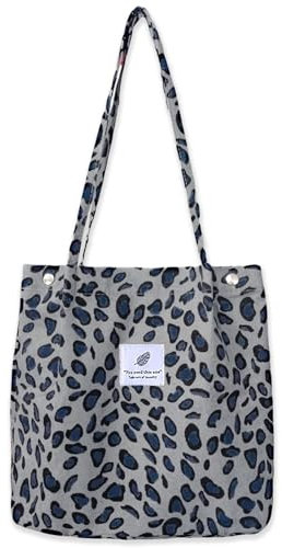 Bikasun Groß Umhängetasche Damen Cord Schultertasche Strandtasche Cord Tasche Crossbody Tasche Shopper Tote Bag Einkaufstasche Handtasche Shopper für Arbeit Einkaufen Schule Leopard Grau