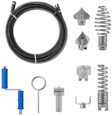 Rohrreinigungsspirale 5m ø12mm, Abflussreiniger Spirale mit Elektrischen/Manuellen Adaptern, 6 Ersatzkopf, Multifunktionale Rohrreiniger Spirale für Küche, Bad & WC, Haare & Ablagerungen