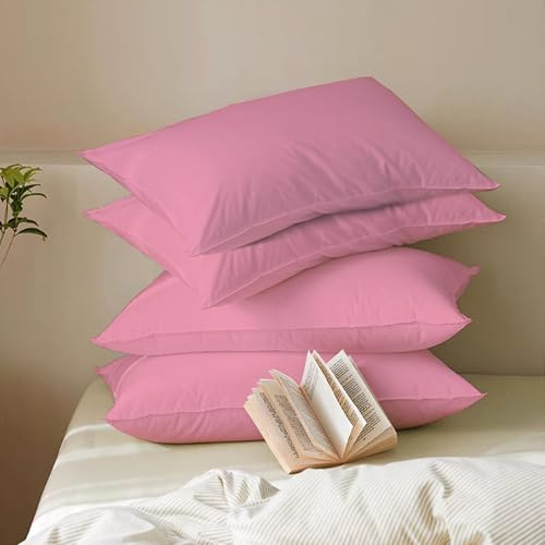MistyMorning Pillow Cases 4 Pack Soft & Premium Quality Bedding & Linen, Egyptian Cotton 200 Thread Count, Breathable & Envelope Closure in Standard Size (50x75+15 cm) (Pink, Pack of 4)