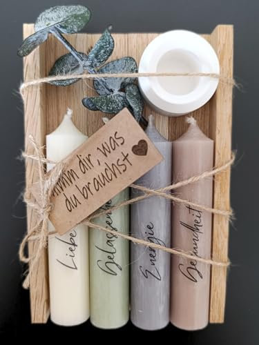 Kerzen Geschenkset Geburtstagsgeschenk für Frauen oder Freundin | nimm dir, was du brauchst | Mitbringsel | Kerzenhalter Holzkiste mit Kerzen Deko und Eukalyptus