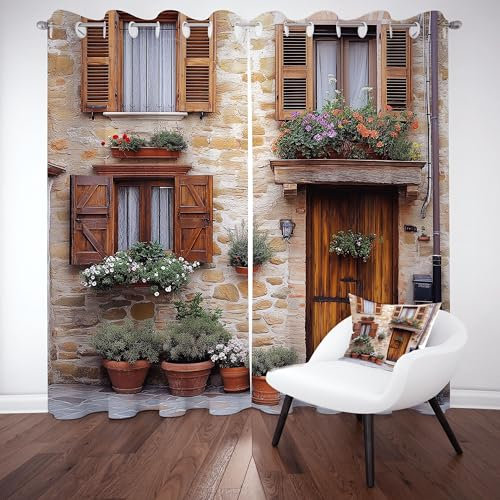 Tyafsgvqo Italien Toskana Vorhange Blickdicht 2er Set, Stadt Landschaft Gardinen mit Ösen Retro Europa Town Verdunklungsvorhänge 90 cm Lang 65 Breit Thermovorhang Wohnzimmer Schlafzimmer