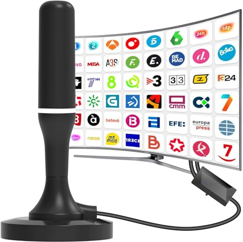 Antena TV Interior Potente Base Magnética, Amplificador Ajustable 360° TDT