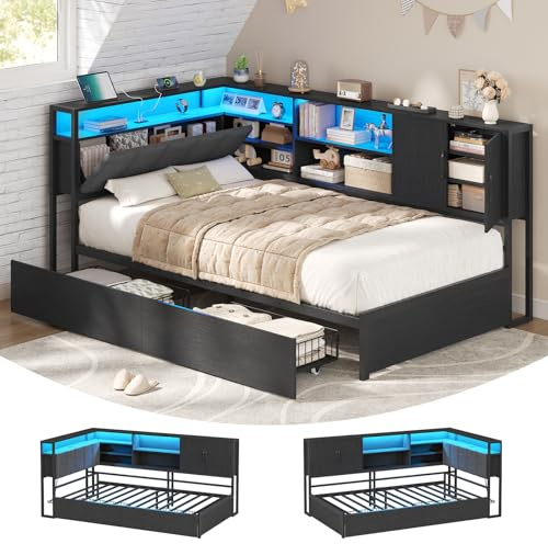 KIMENICH Polsterbett Schlafsofa 90x190 mit LED-Beleuchtung, Ladestation, Tagesbett, Jugendbett mit 2 Schubladen und Lattenrost aus Metall, Kopfteil mit Stauraum, Offene Regale, Schrank, Schwarz