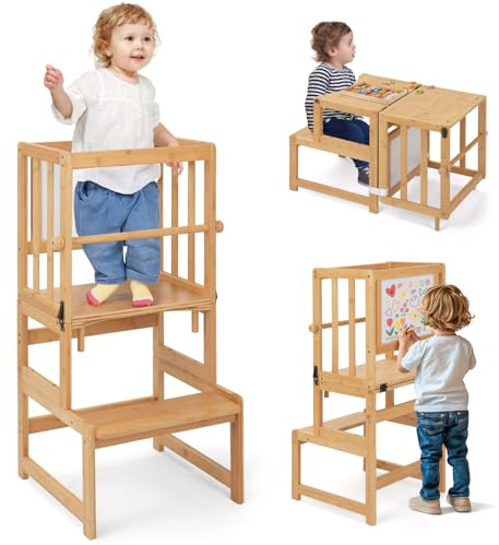 COSYLAND Tour d’Observation Enfant 3-en-1 Montessori en Bambou – Chaise d’Apprentissage Sécurisée Bébé avec Double Dispositif de Sécurité et Design Breveté – Couleur Classic Natural