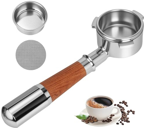 Romon Porte-filtre sans fond de 54 mm, Filtre à café Poignée en Bois Massif en Acier Inoxydable, 3 Oreilles Compatible avec Breville 870/878/880