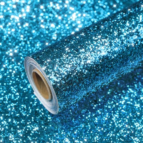 VEELIKE Blau Klobige Glitzer Tapete Schlafzimmer Möbelfolie Selbstklebend Himmelblau Tapete Chunky Glitzer 40 cm x 300 cm Klebefolie Möbel Vintage Vinyltapete Festliche Party Dekoration Wohnzimmer