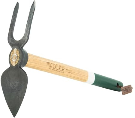 ADLER Daisy Gartenhacke Pflanzhacke Eschenstiel geschmiedet Grün 45 cm | Herzblatt mit zwei Zinken aus C45-Stahl für schwere Böden und Lehm