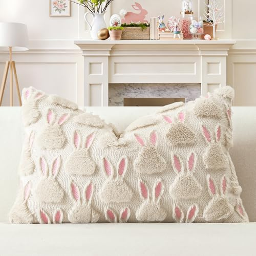 Artscope 1er Set Wolle Kissenbezug Weicher Plüsch Kurzer Wollsamt Dekokissenbezuge Sofakissen Ostern Kissenhülle für Sofa Schlafzimmer Rosa Ohren Kaninchen Creme Beige, 40x60cm