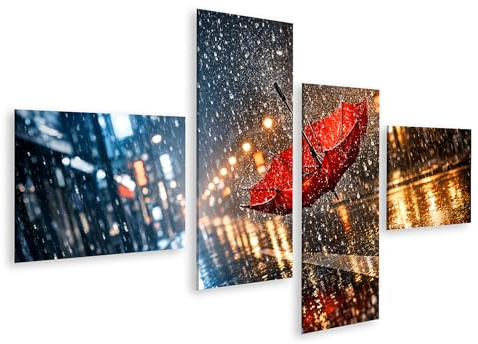 islandburner Bild auf Leinwand Roter Regenschirm in urbaner Regenszene für Wanddekoration - 4-teilig - Edition Z1