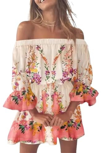 ATEUXOL Damsommarklänningar damer sexig one-shoulder-tryckt klänning sommar strandkjol för, 2, L