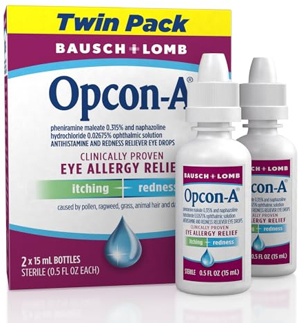 Opcon-A Allergy Eye Drops, Antihistamine and Redness Relief for Itchy, Red Eyes, Soothes Irritation from Pollen, Ragweed, Grass, Animal Hair and Dander Clinically Proven Formula, 0.5 Fl Oz (Pack of 2)
