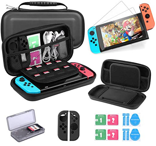 Bestico Tasche Kompatibel mit Nintendo Switch, 5 in 1 Zubehör für Nintendo Switch Harte Tragetasche Hülle Case für die Nintendo Switch Mit Game Card Hülle, 2x Displayschutzfolie, Joy-Con Tasche