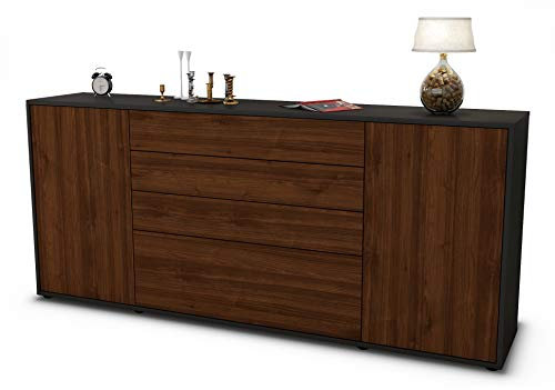Stil.Zeit Sideboard Eleni, Korpus anthrazit matt, Front Holz-Design Walnuss (180x79x35cm) Push-to-Open Technik & Leichtlaufschienen