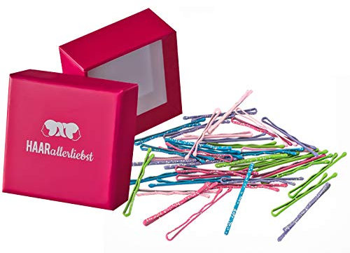 HAARallerliebst 40 Mini Haarnadeln - 3,4 cm klein Bobby Pins - pastell Farben mit Glitzer – Haarklemmen Damen & Hair Pins in pinker Box - Perfekte Haarnadel für Styling & Halt