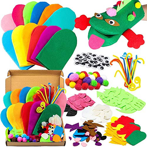 WATINC 12Pcs Felt Handpuppe DIY Art Craft Set Moderne Kinder Filz Spielpuppe Socke Pompoms Bastelarbeiten Machen Puppet Wackeln Googl Eyes Storytelling Rollenspiel Party Zubehör für Mädchen Jungen