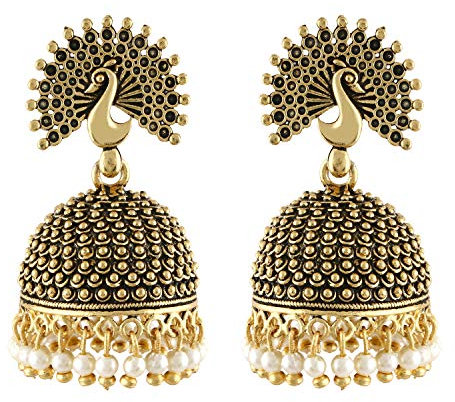 MEENAZ Traditioneller Hochzeits-Tempelschmuck, 22 Karat Gold, oxidiert, Meenakari, ethnisch, antik, südindisch, runde Perlen, Feder, Pfau, Jhumka-Ohrringe, Set für Frauen – M572, groß, schwer, groß,
